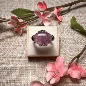 SZ 9.5 | Vintage Large Oval Purple Amethyst Gemstone Silver Bohemian Ring